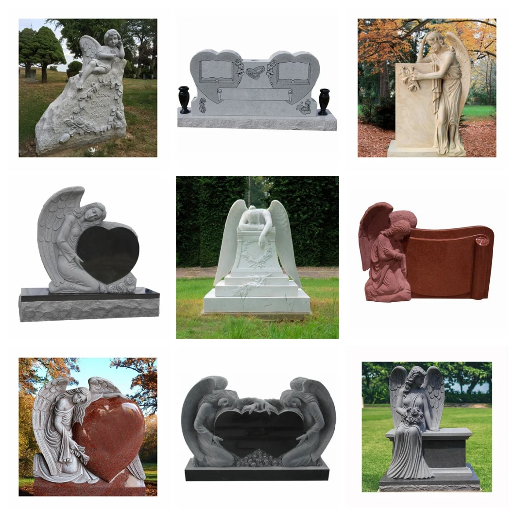 Natural Granite Gravestone with Double Angel Statue and Double Hearts